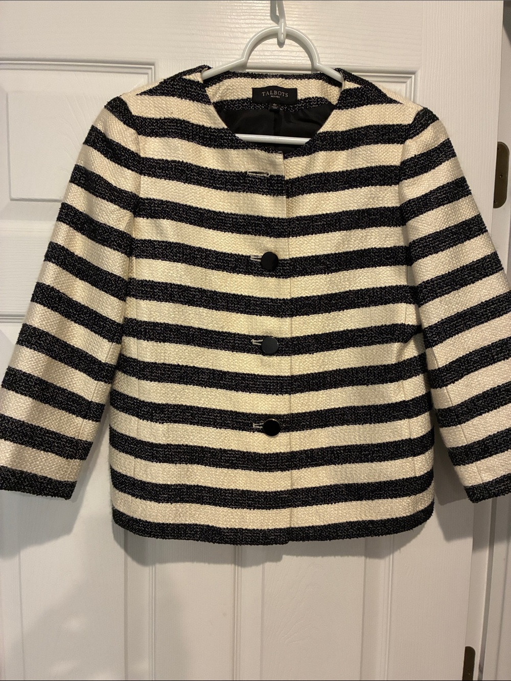 Talbots Black and White Striped Bouclé Cropped Jacket 4 petite